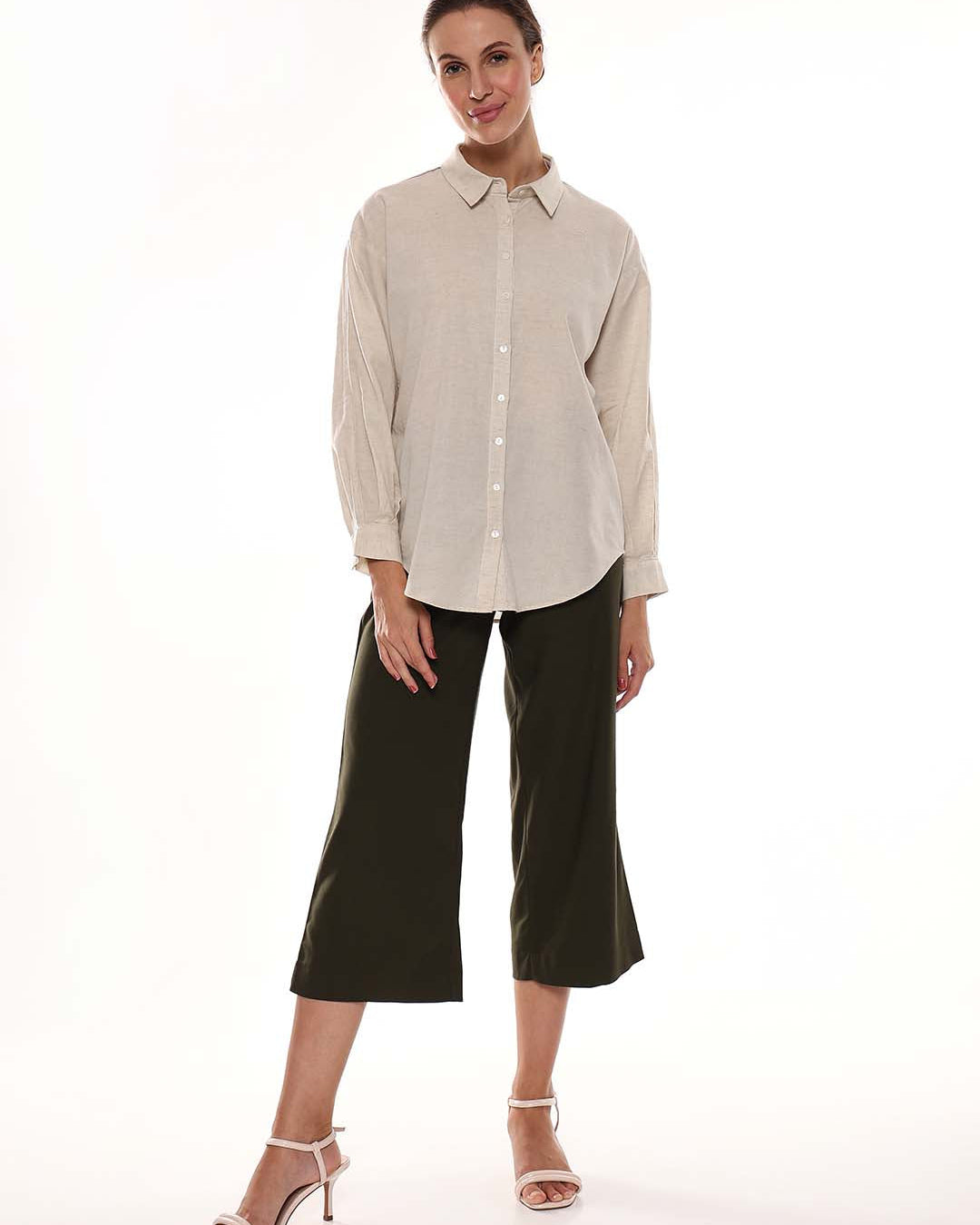 Alexis Beige Cotton-Linen Drop-Shoulder Shirt for Women - Paris Fit from GAZILLION - Full Standing Stylised Look