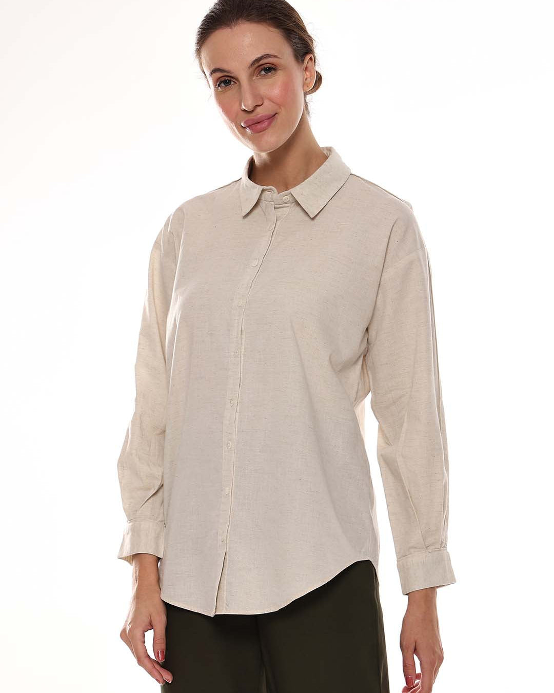 Alexis Beige Cotton-Linen Drop-Shoulder Shirt for Women - Paris Fit from GAZILLION - Left Side Look