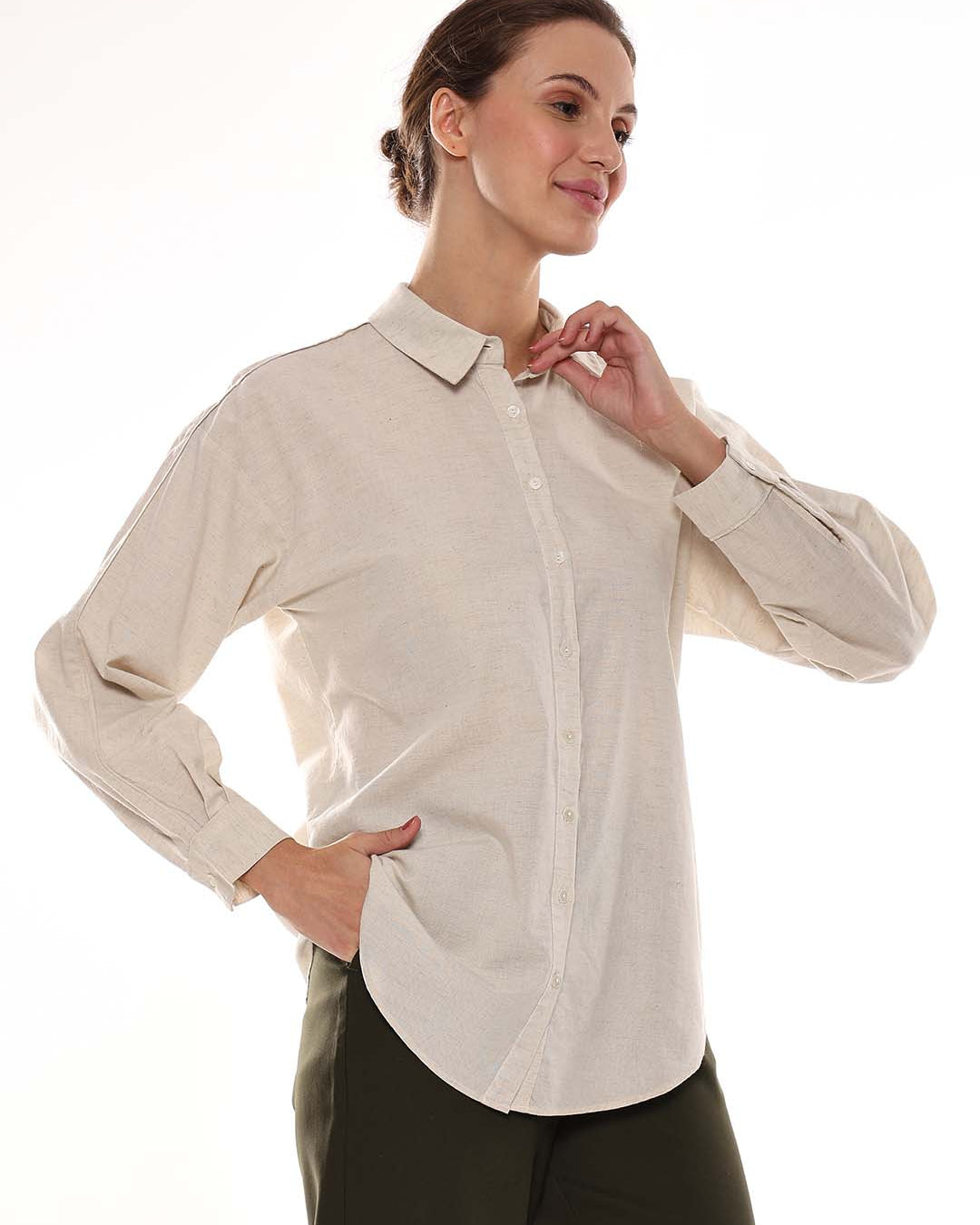 Alexis Beige Cotton-Linen Drop-Shoulder Shirt for Women - Paris Fit from GAZILLION - Right Side Look