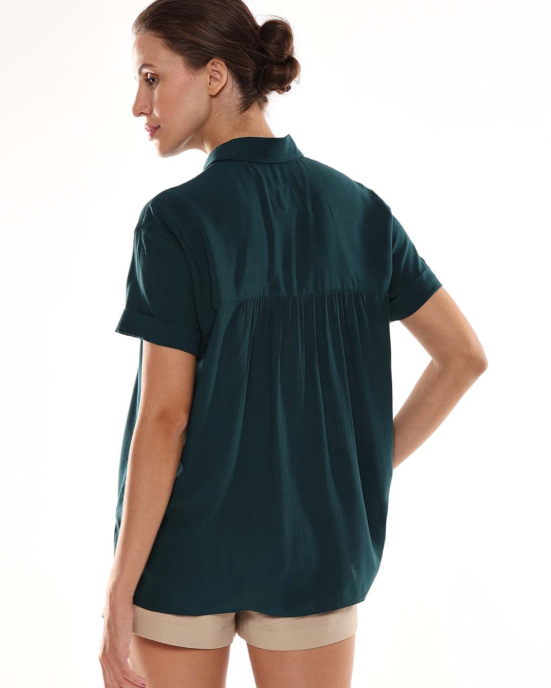 Alfa Bottle Green Soft Viscose Loose Shirt for Women - Madrid Fit from Gazillion - Back Look