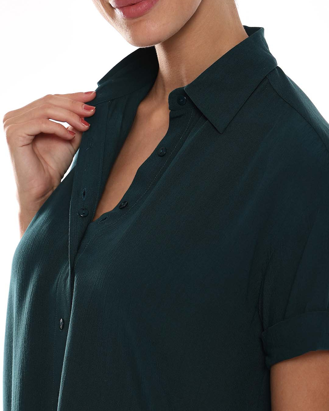 Alfa Bottle Green Soft Viscose Loose Shirt for Women - Madrid Fit from Gazillion - Dignity Buttons Detail
