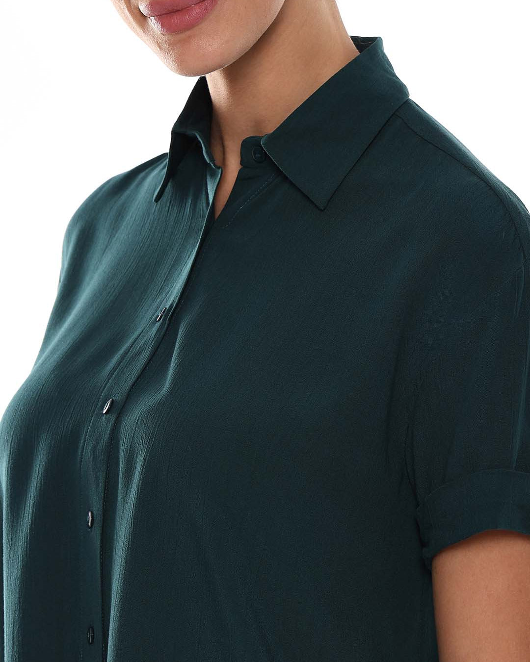 Alfa Bottle Green Soft Viscose Loose Shirt for Women - Madrid Fit from Gazillion - Front Detail