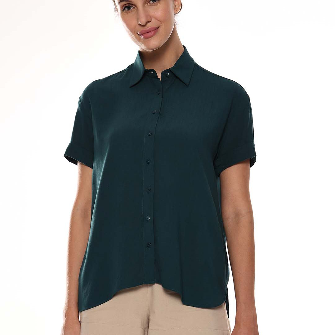 Alfa Bottle Green Soft Viscose Loose Shirt for Women - Madrid Fit from Gazillion - Front Look