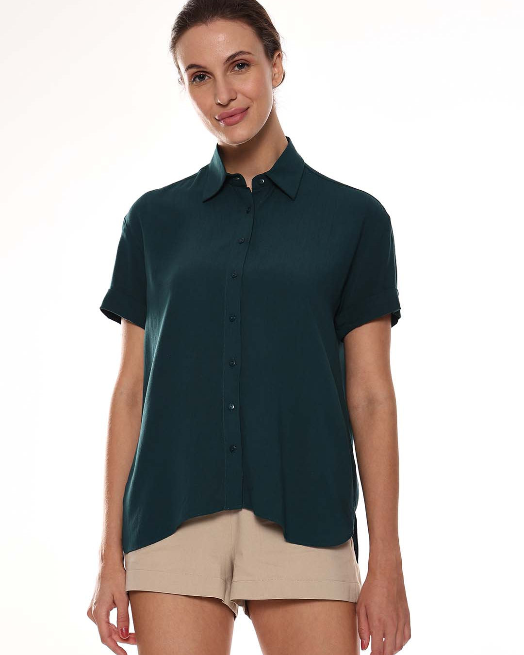 Alfa Bottle Green Soft Viscose Loose Shirt for Women - Madrid Fit from Gazillion - Front Look