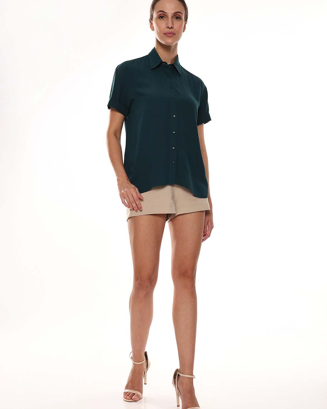 Alfa Bottle Green Soft Viscose Loose Shirt for Women - Madrid Fit from Gazillion - Full Standing Stylised Look