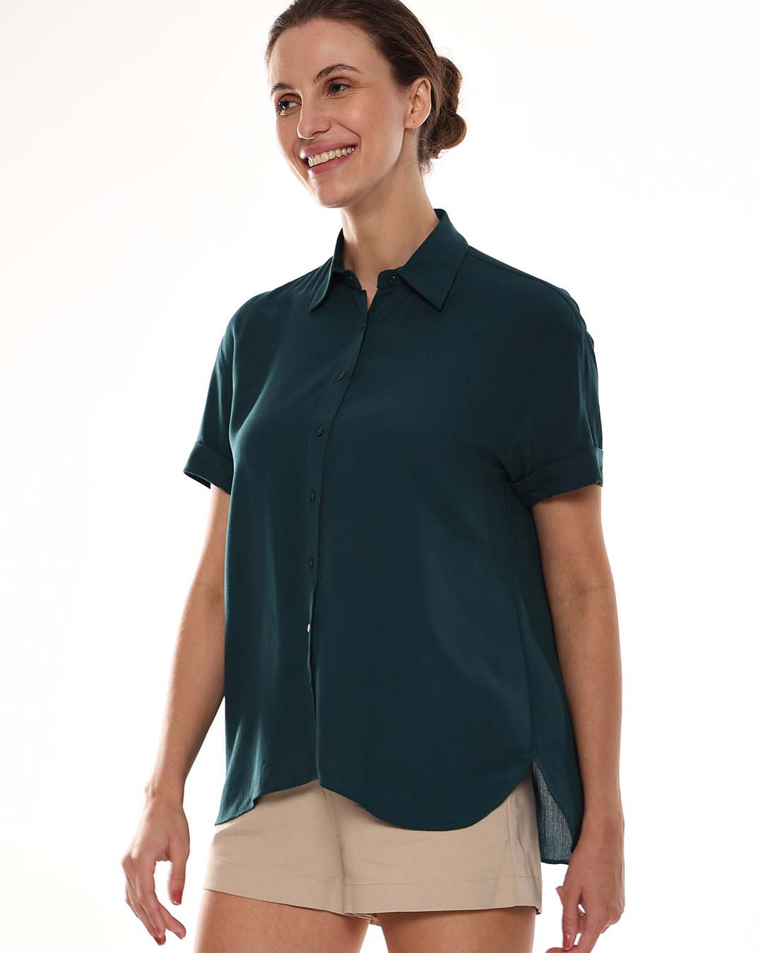 Alfa Bottle Green Soft Viscose Loose Shirt for Women - Madrid Fit from Gazillion - Left Side Look