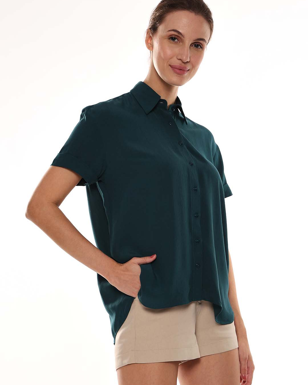 Alfa Bottle Green Soft Viscose Loose Shirt for Women - Madrid Fit from Gazillion - Right Side Look