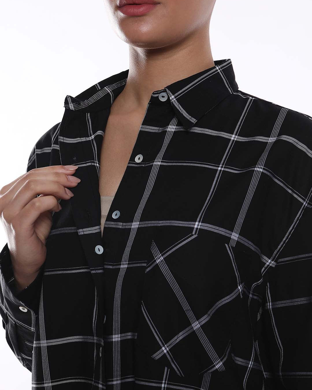 Alivia Black Checks Oversized Shirt for Women - Brussels Fit from GAZILLION - Dignity Button Detail