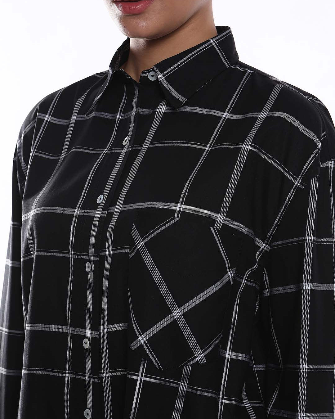 Alivia Black Checks Oversized Shirt for Women - Brussels Fit from GAZILLION - Front Detail