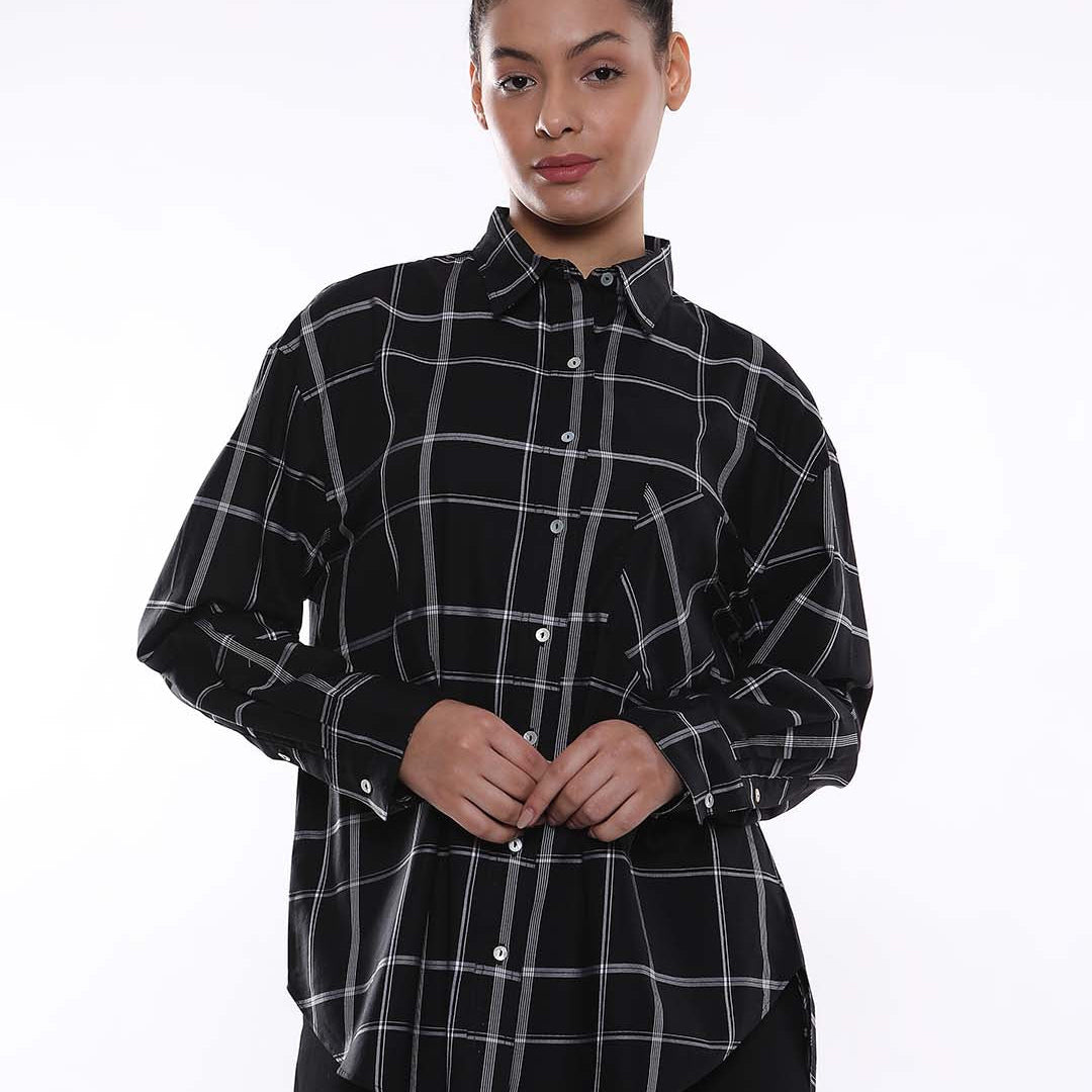 Alivia Black Checks Oversized Shirt for Women - Brussels Fit from GAZILLION - Front Look