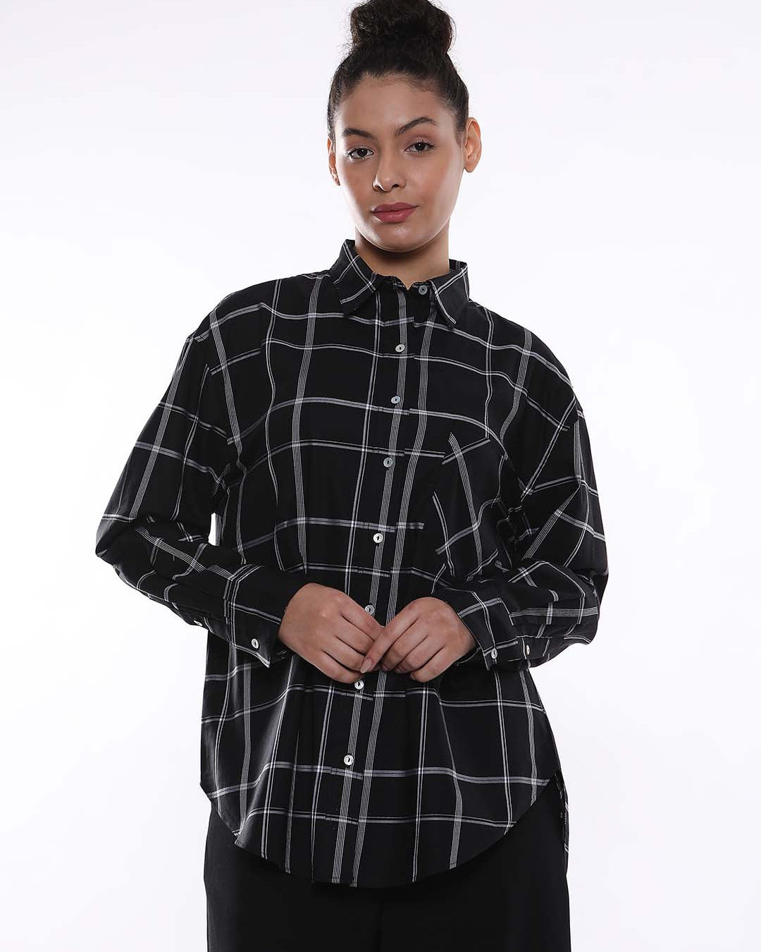 Alivia Black Checks Oversized Shirt for Women - Brussels Fit from GAZILLION - Front Look