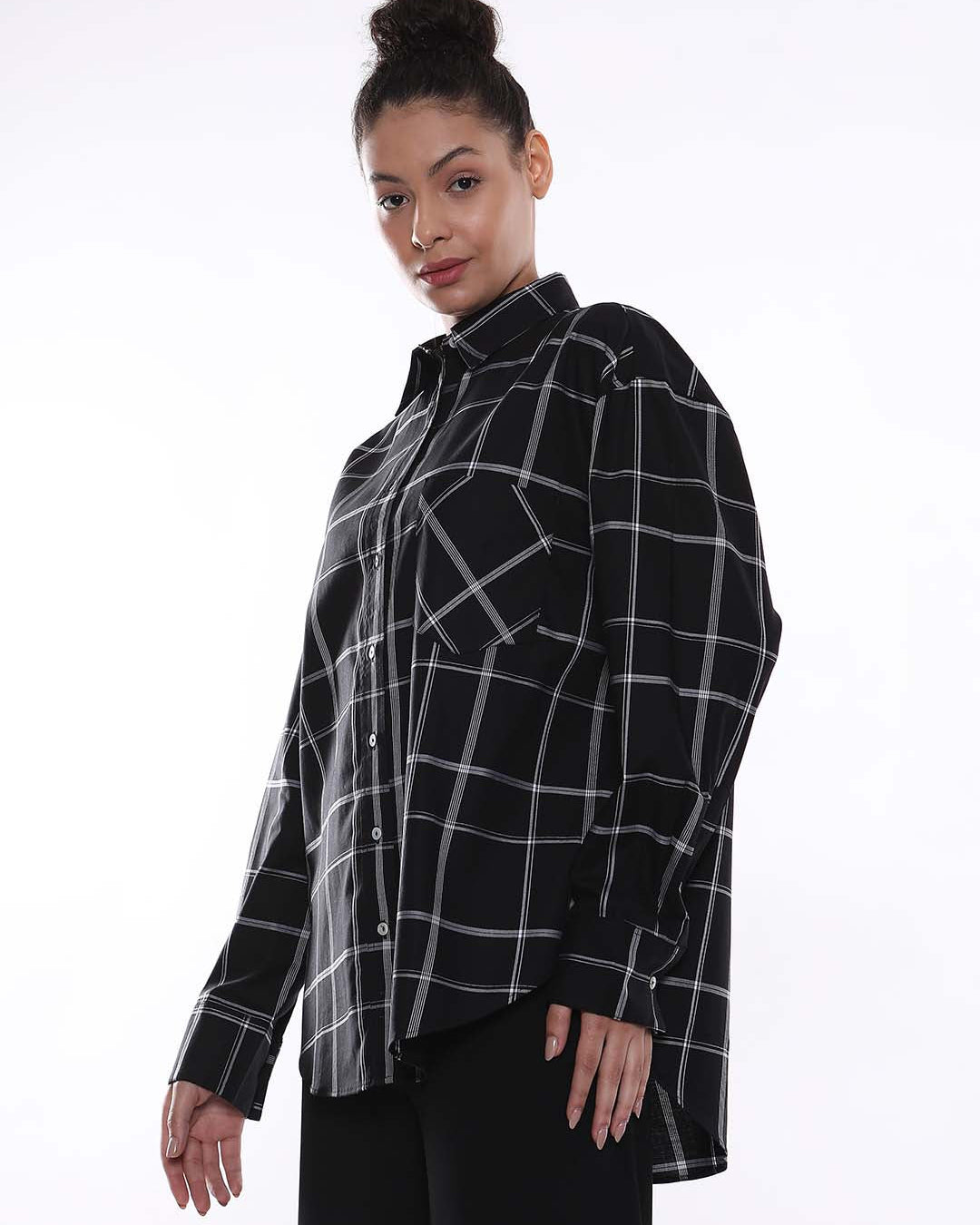 Alivia Black Checks Oversized Shirt for Women - Brussels Fit from GAZILLION - Left Side Look