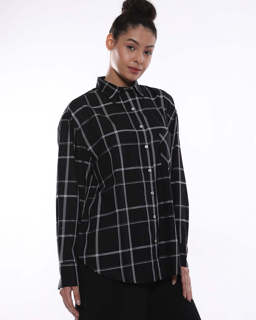 Alivia Black Checks Oversized Shirt for Women - Brussels Fit from GAZILLION - Right  Side Look