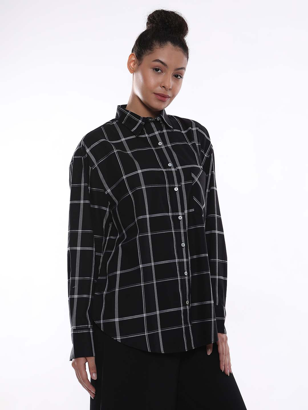 Alivia Black Checks Oversized Shirt for Women - Brussels Fit from GAZILLION - Right Side Look