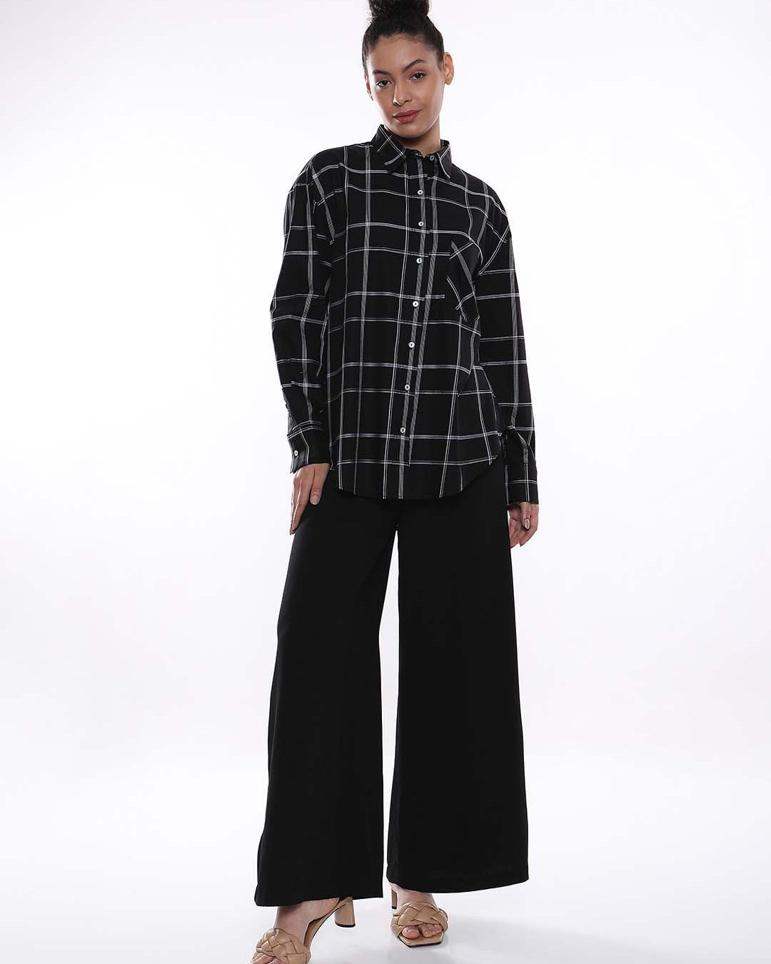 Alivia Black Checks Oversized Shirt for Women - Brussels Fit from GAZILLION - Standing Stylised Look