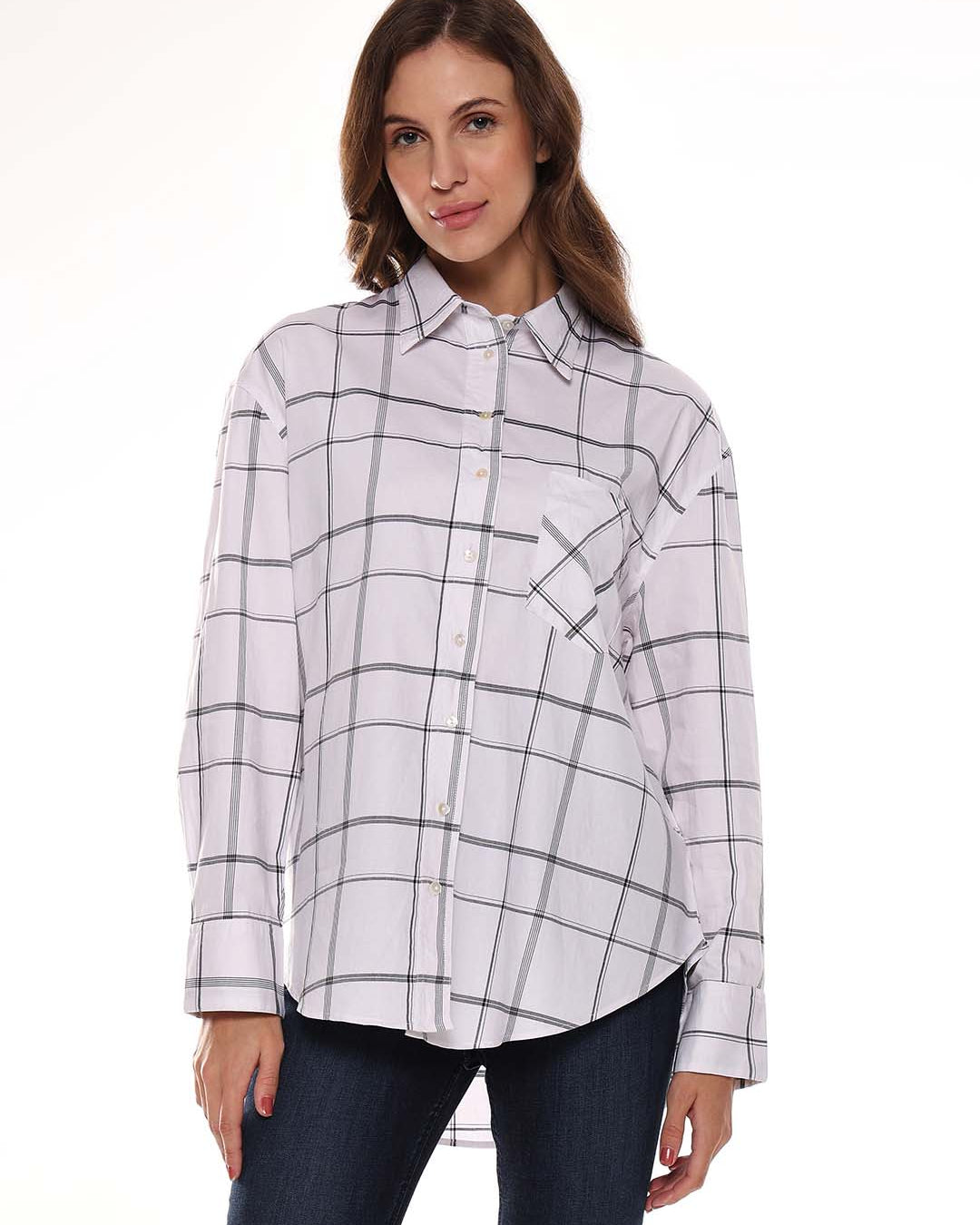 Alivia White Checks Oversized Shirt for Women - Brussels Fit from GAZILLION - Front Look