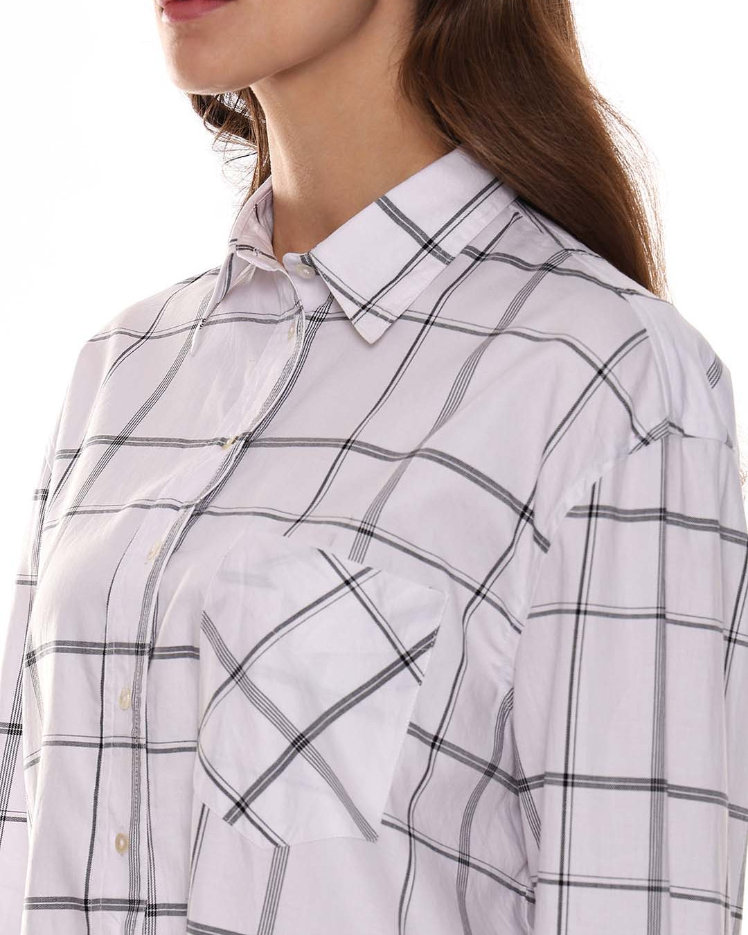 Alivia White Checks Oversized Shirt for Women - Brussels Fit from GAZILLION - Left Side Detail