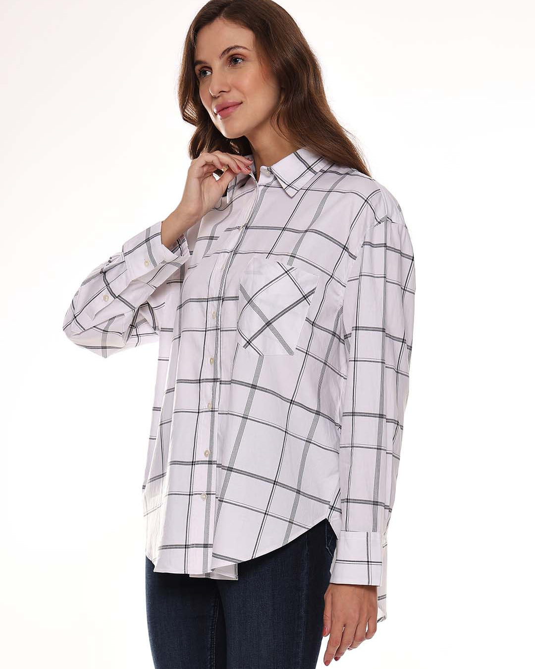 Alivia White Checks Oversized Shirt for Women - Brussels Fit from GAZILLION - Left Side Look