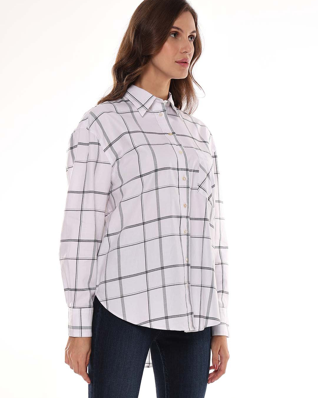 Alivia White Checks Oversized Shirt for Women - Brussels Fit from GAZILLION - Right Side Look