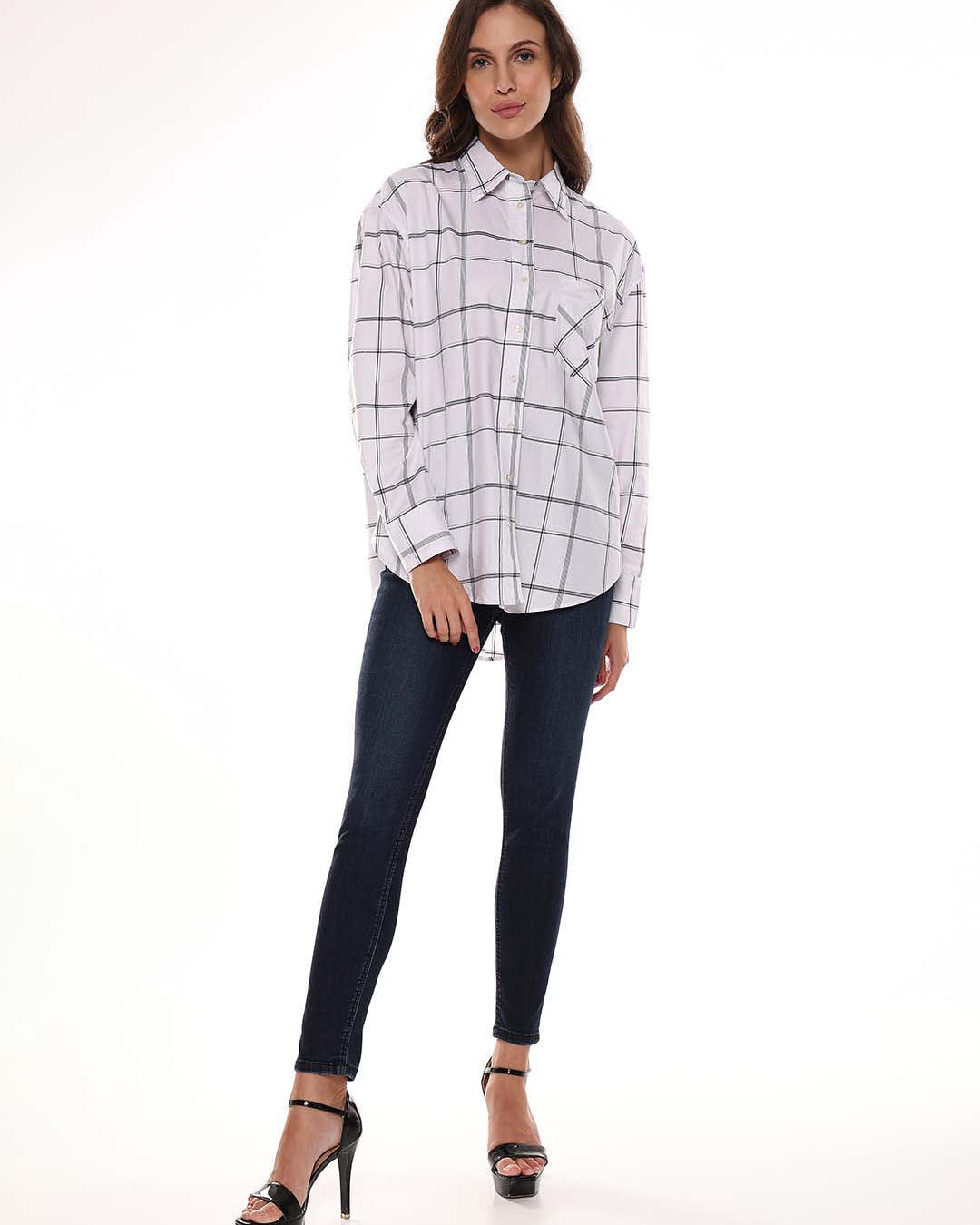 Alivia White Checks Oversized Shirt for Women - Brussels Fit from GAZILLION - Standing Stylised Look