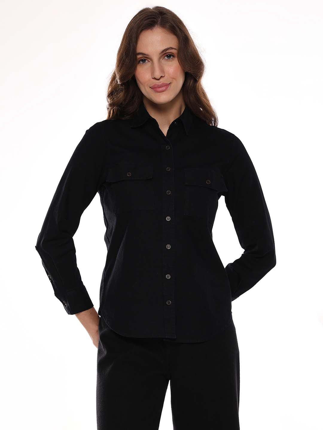 Allaya Black Denim Shirt for Women - Lisbon Fit from GAZILLION - Front Look