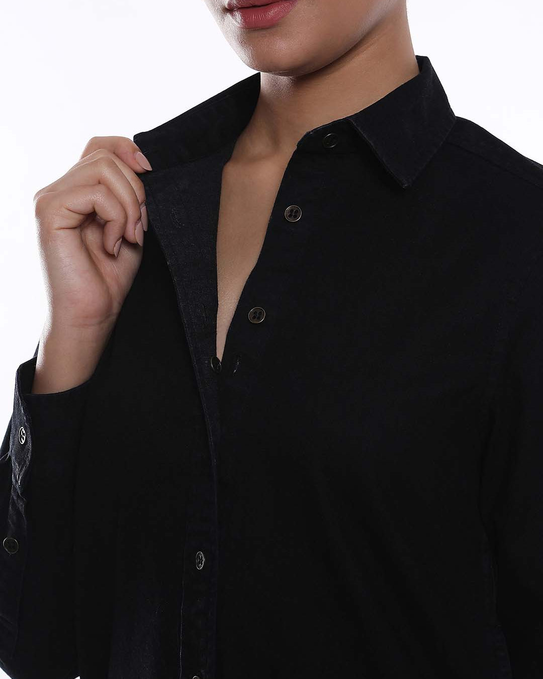 Allison Black Denim Long Shirt for Women - Rome Fit from GAZILLION - Dignity Buttons Detail
