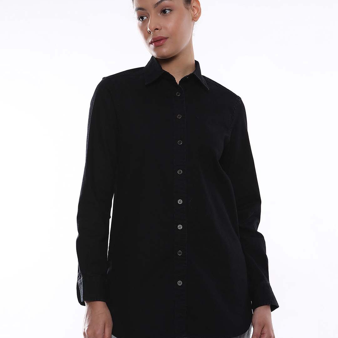 Allison Black Denim Long Shirt for Women - Rome Fit from GAZILLION - Front Look