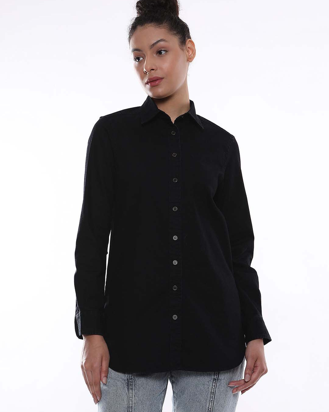 Allison Black Denim Long Shirt for Women - Rome Fit from GAZILLION - Front Look