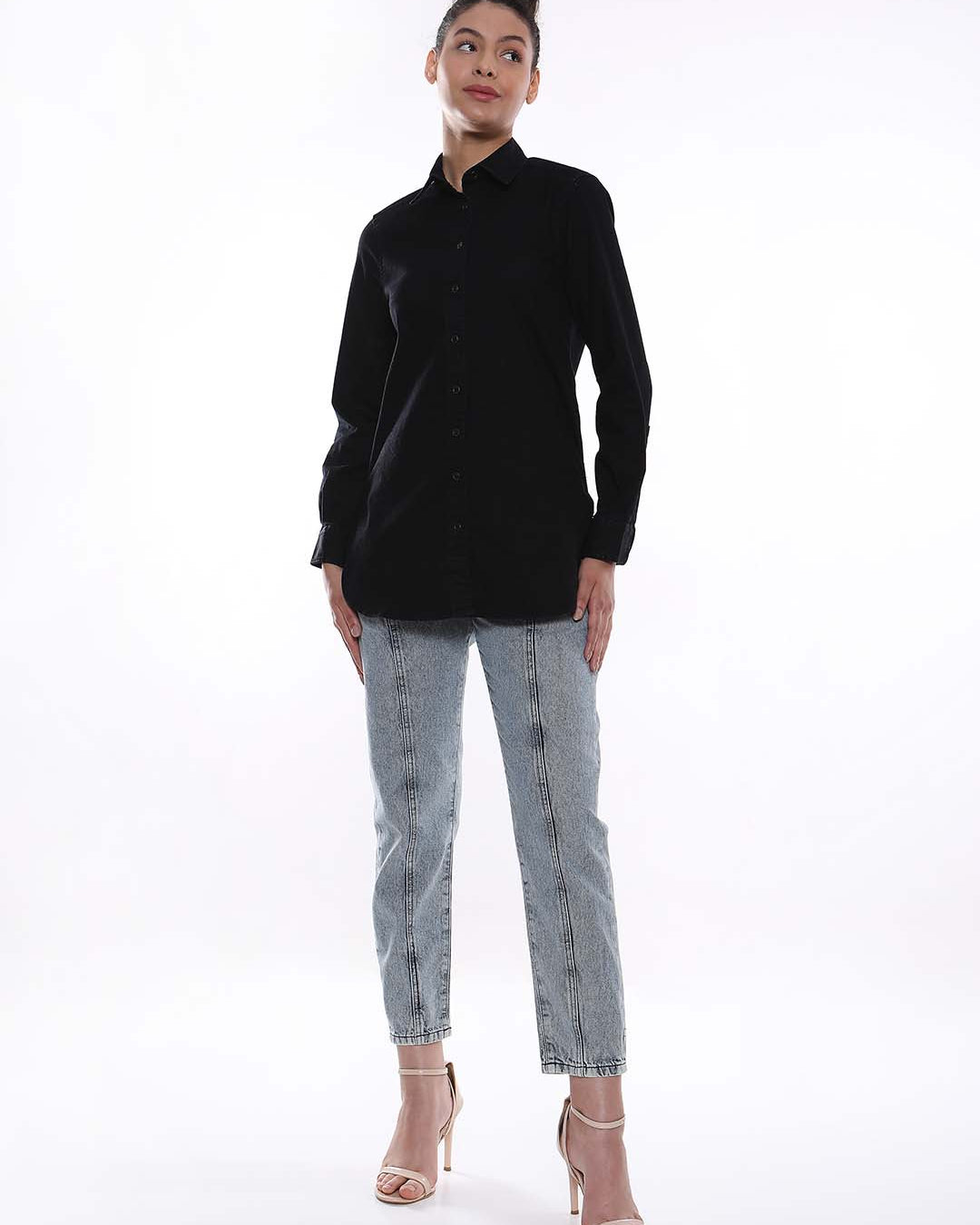 Allison Black Denim Long Shirt for Women - Rome Fit from GAZILLION - Full Standing Stylised Look