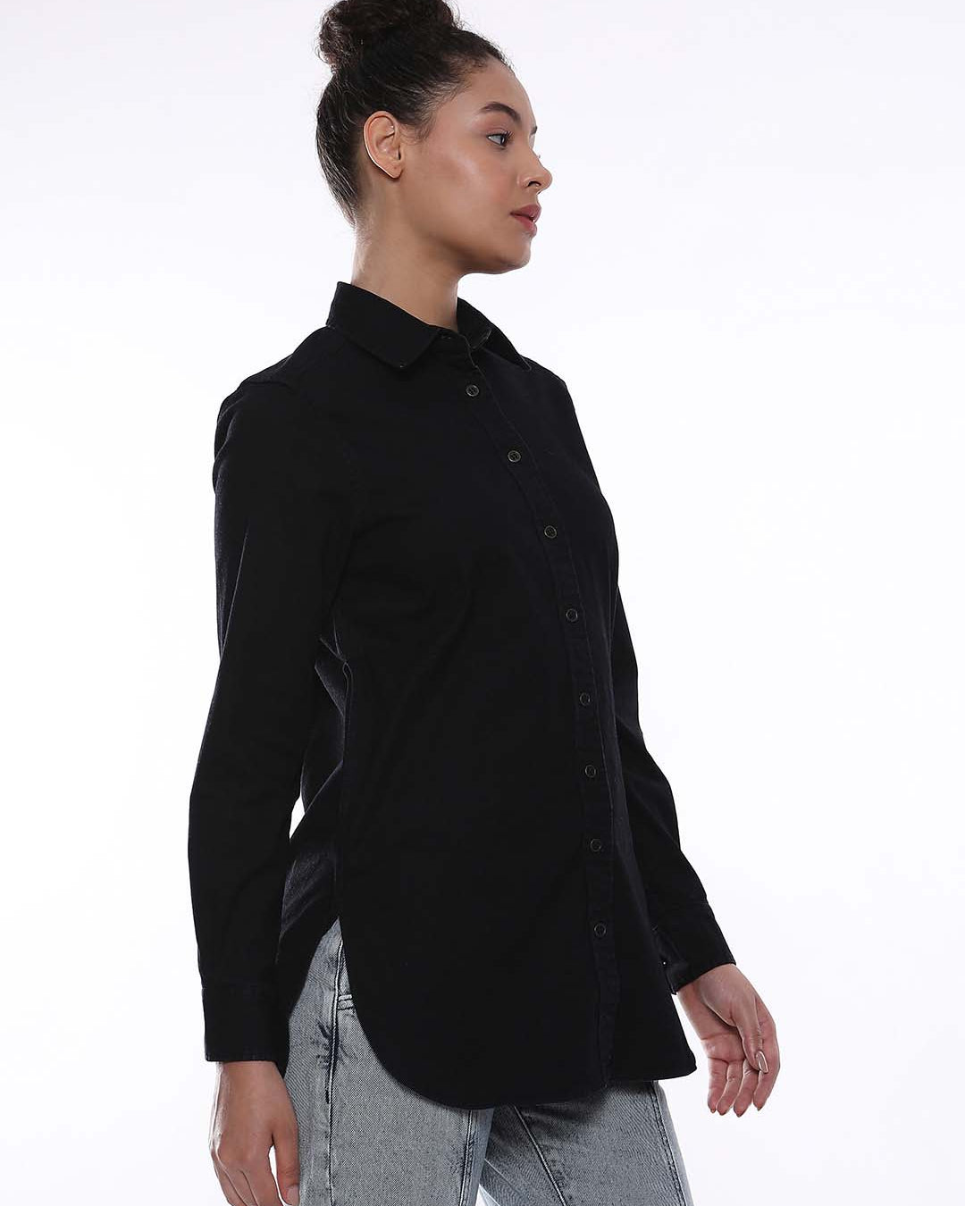 Allison Black Denim Long Shirt for Women - Rome Fit from GAZILLION - Right Side Look