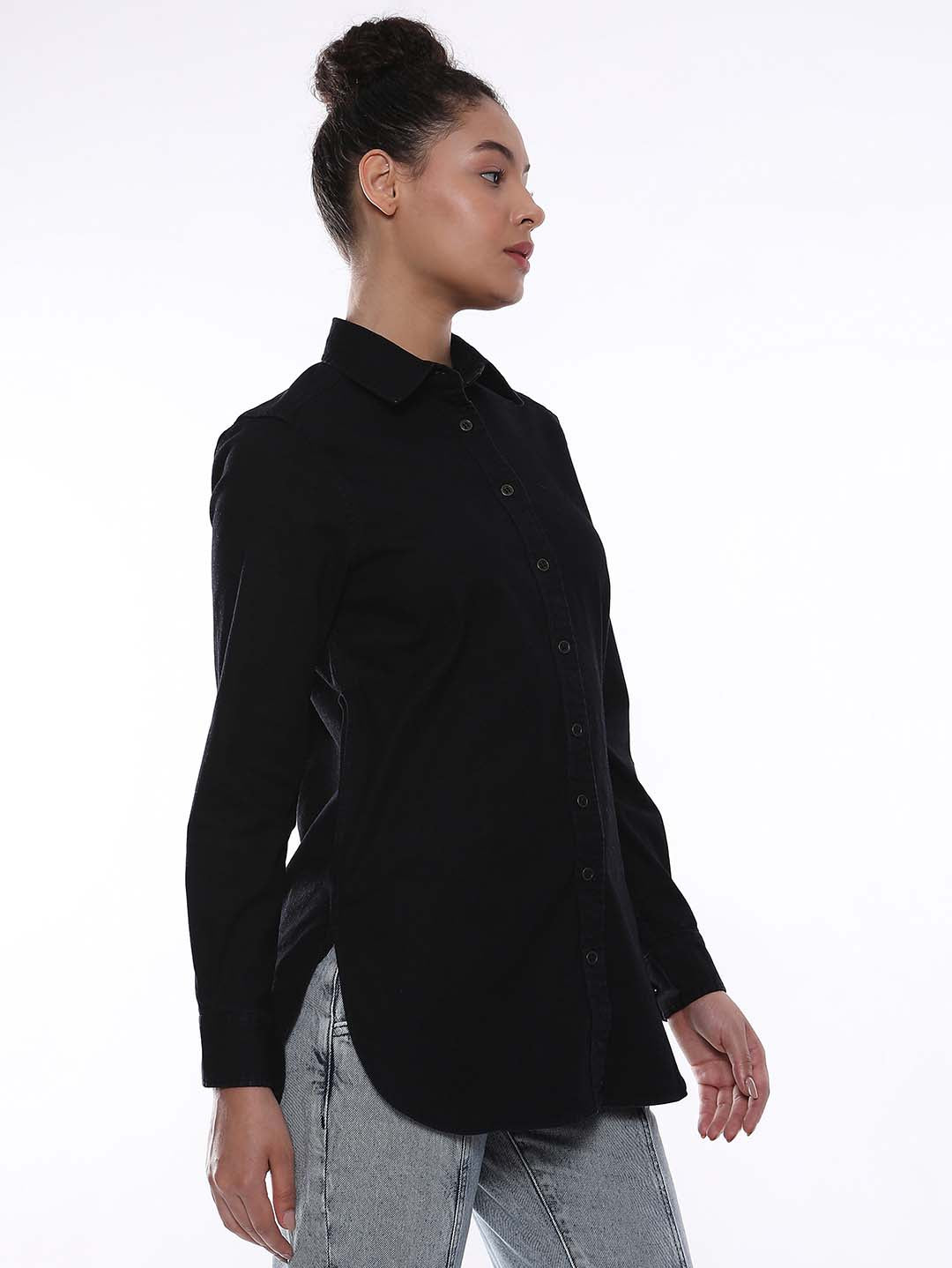 Allison Black Denim Long Shirt for Women - Rome Fit from GAZILLION - Right Side Look