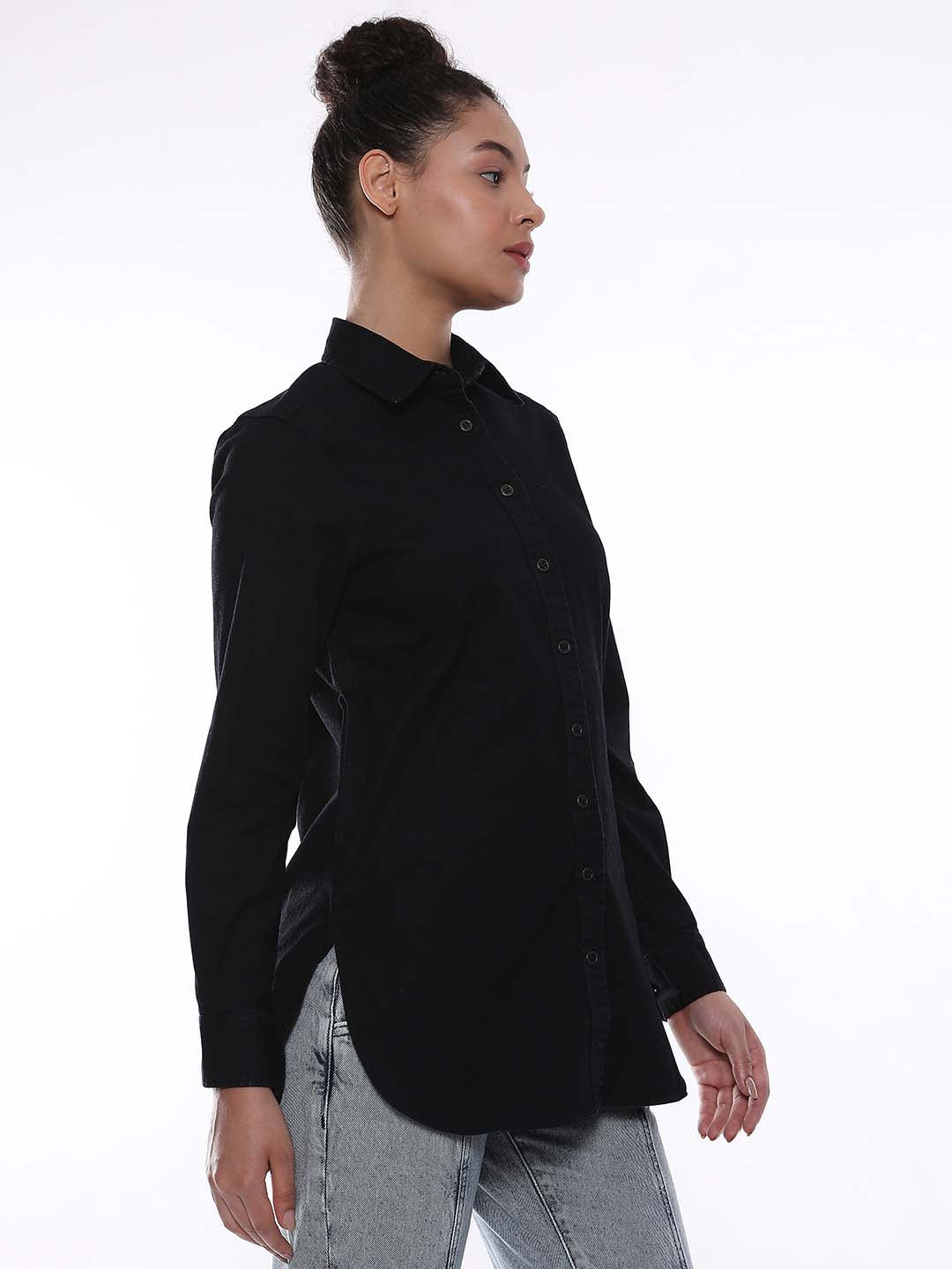 Allison Black Denim Long Shirt for Women - Rome Fit from GAZILLION - Right Side Look