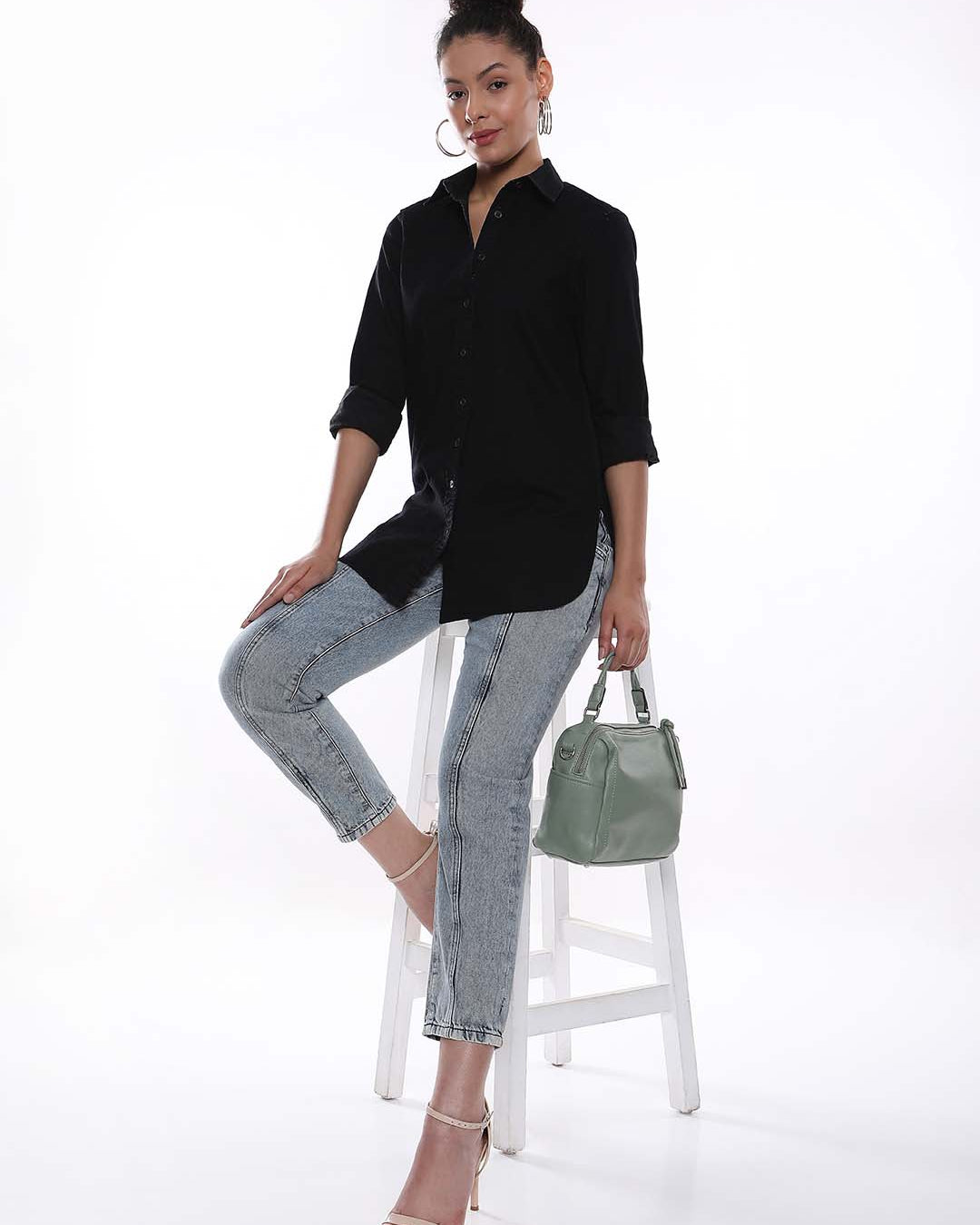 Allison Black Denim Long Shirt for Women - Rome Fit from GAZILLION - Seated Stylised Look