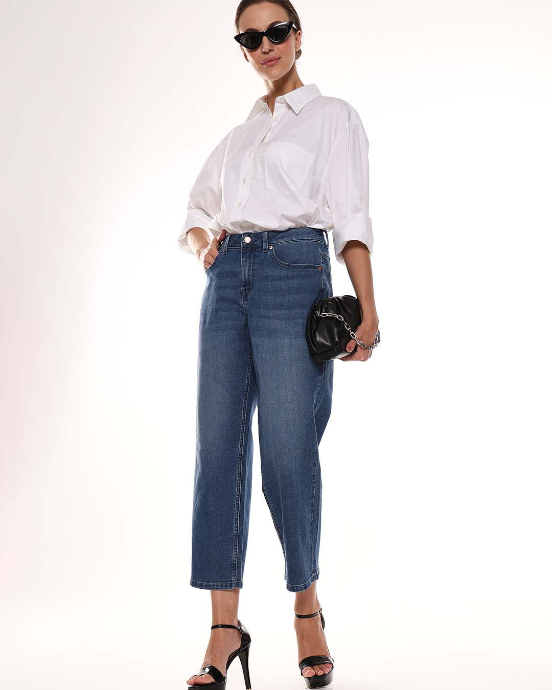 Alma White Giza Cotton Oversized Shirt for Women - Brussels Fit from GAZILLION - Standing Tucked In Stylised Look With Accessories