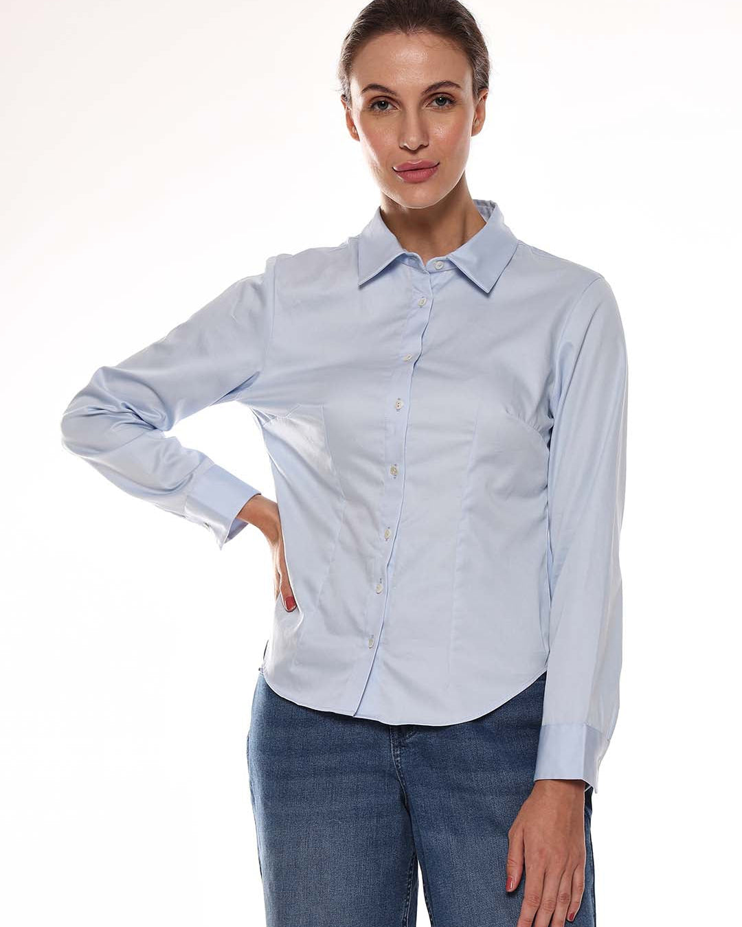 Alora Sky Blue Giza Cotton Fitted Formal Shirt for Women - Munich Fit from GAZILLION - Front Look