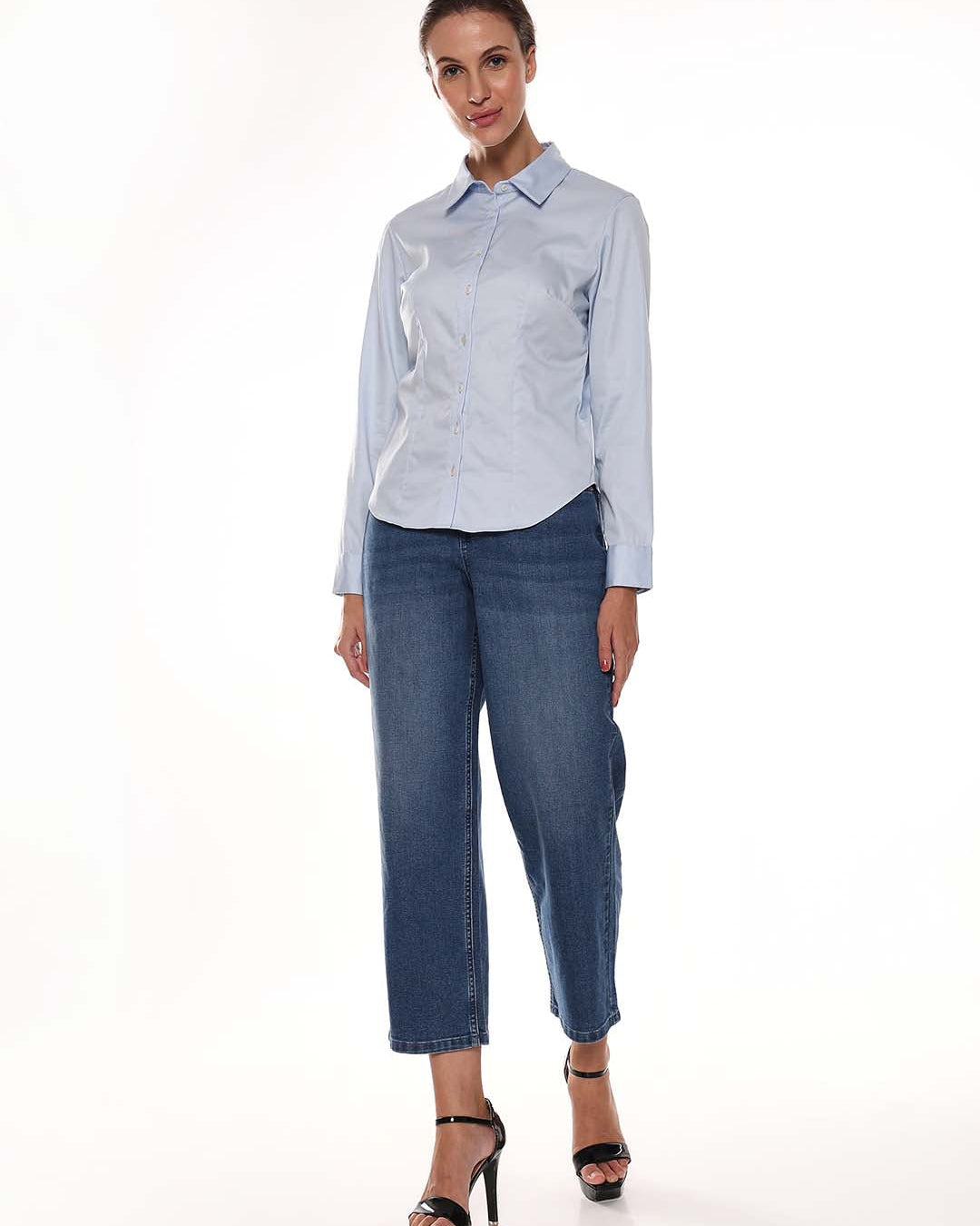 Alora Sky Blue Giza Cotton Fitted Formal Shirt for Women - Munich Fit from GAZILLION - Full Standing Stylised Look