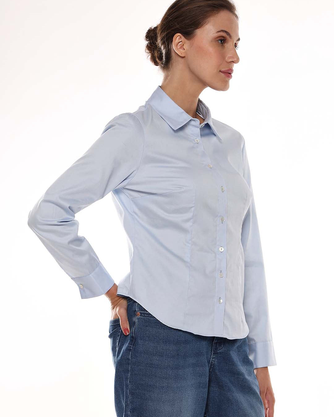 Alora Sky Blue Giza Cotton Fitted Formal Shirt for Women - Munich Fit from GAZILLION - Right Side Look