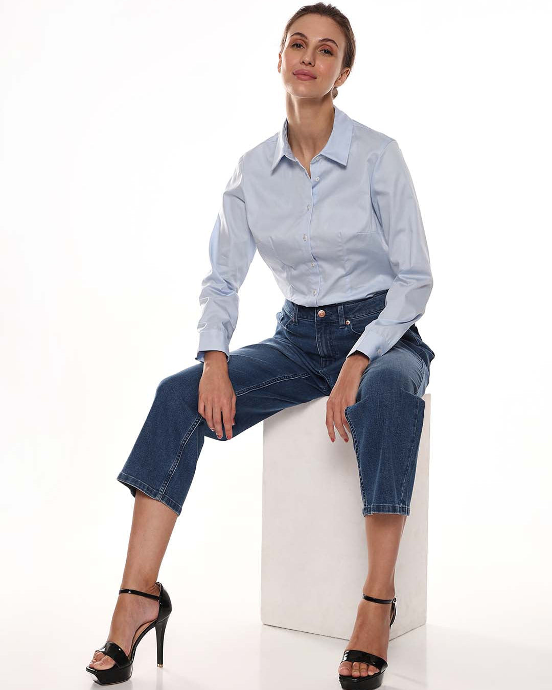 Alora Sky Blue Giza Cotton Fitted Formal Shirt for Women - Munich Fit from GAZILLION - Seated Stylised Look