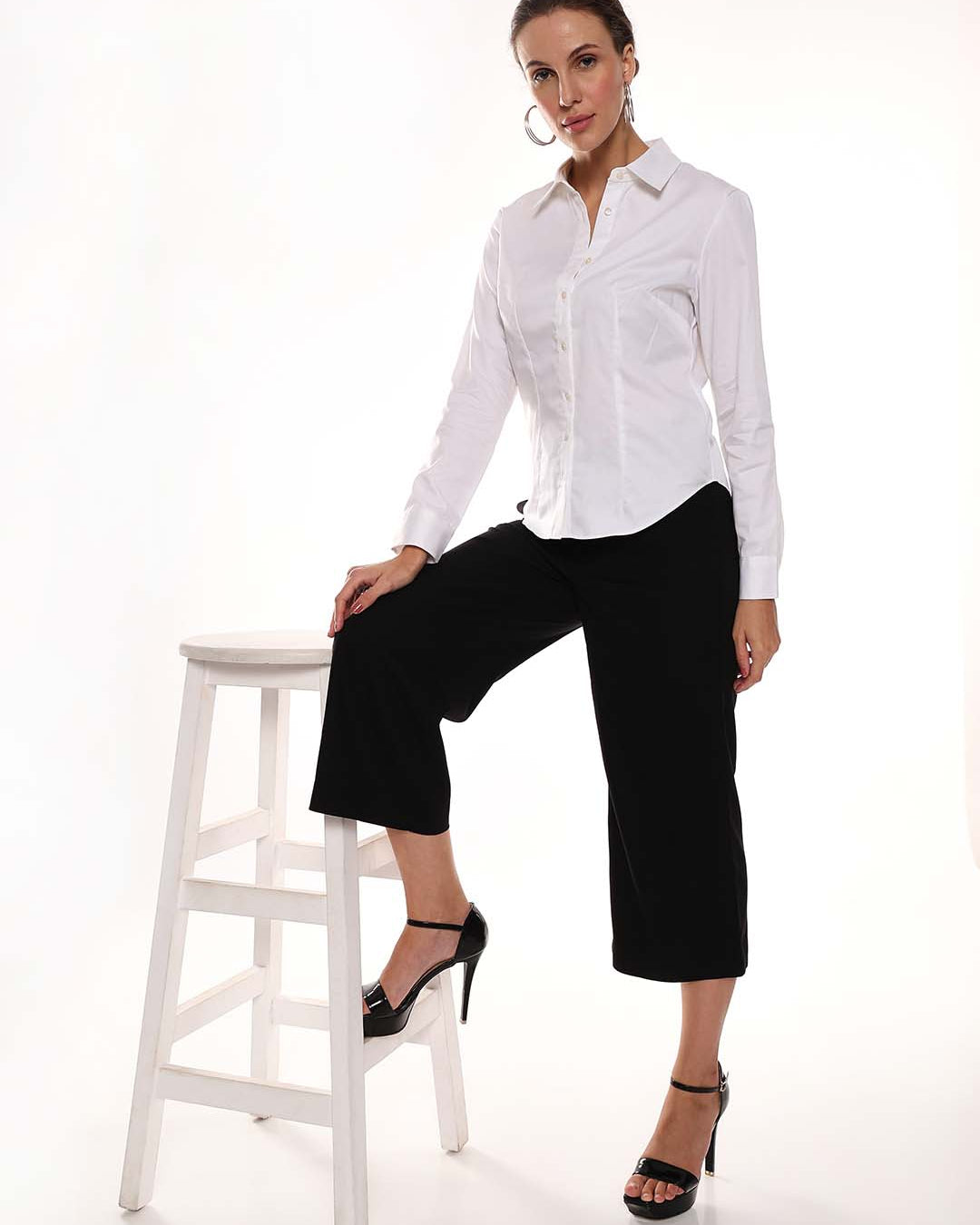 Alora White Giza Cotton Fitted Formal Shirt for Women - Munich Fit from GAZILLION - Standing Stylised Look With Accessories