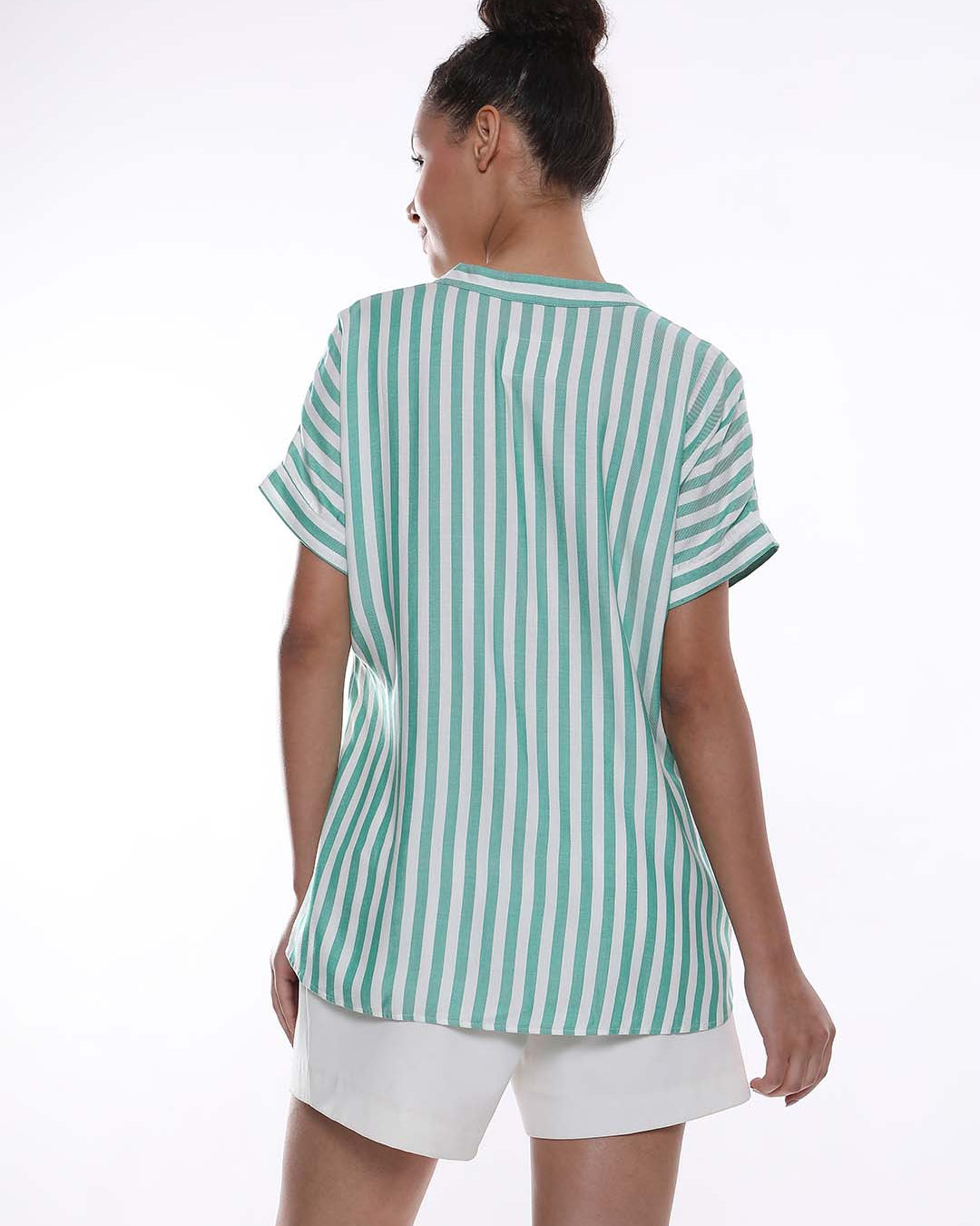 Alva Green & White Striped Viscose Loose Shirt for Women - Barcelona Fit from GAZILLION - Back Look