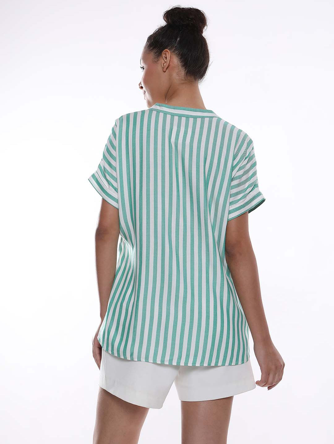 Alva Green & White Striped Viscose Loose Shirt for Women - Barcelona Fit from GAZILLION - Back Look