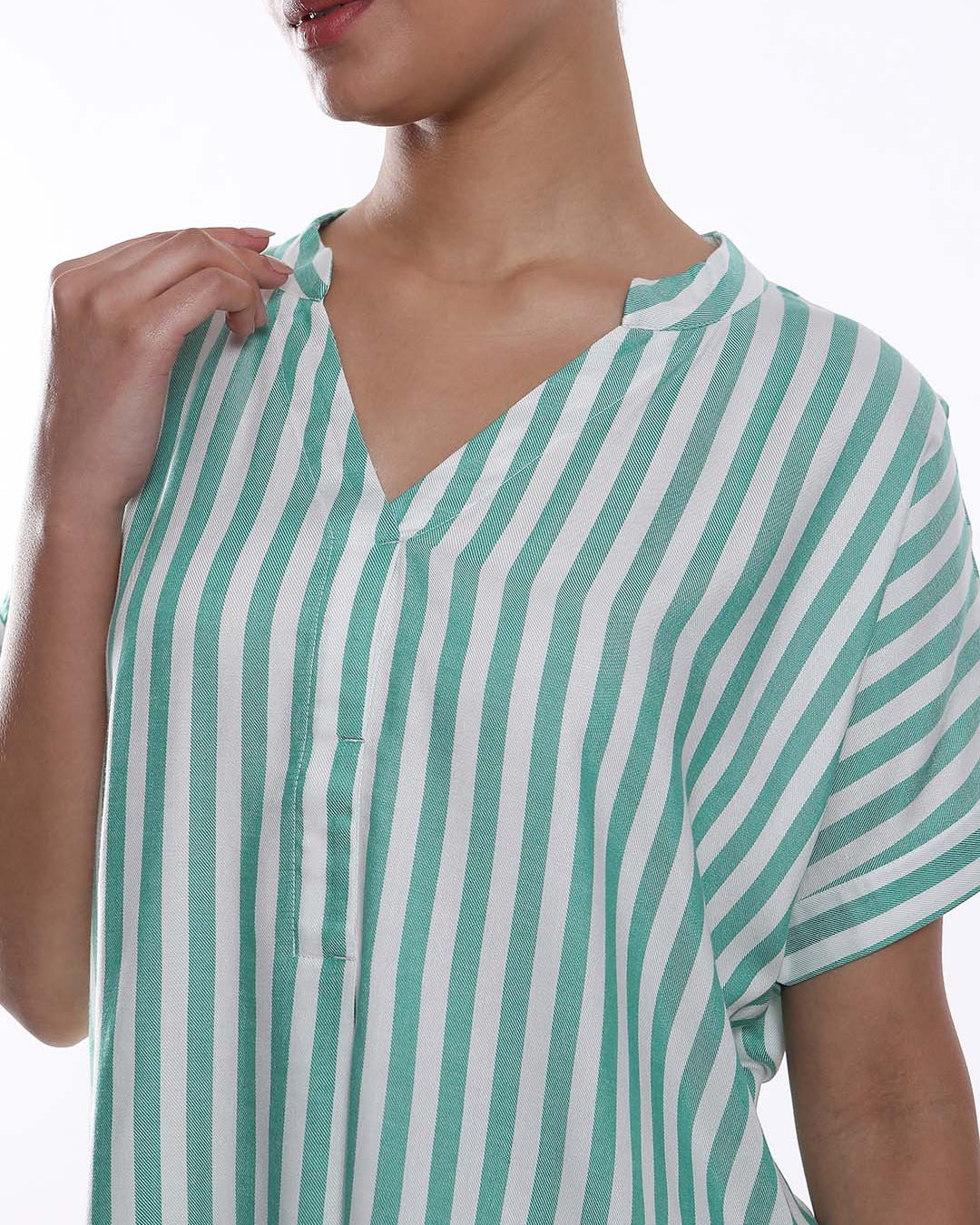 Alva Green & White Striped Viscose Loose Shirt for Women - Barcelona Fit from GAZILLION - Front Detail