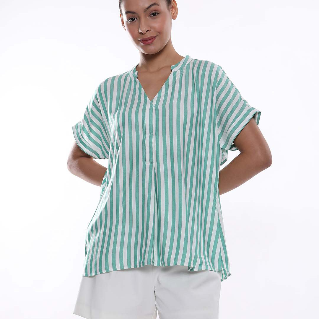 Alva Green & White Striped Viscose Loose Shirt for Women - Barcelona Fit from GAZILLION - Front Look