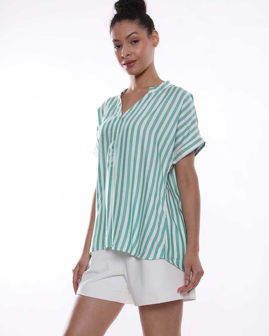 Alva Green & White Striped Viscose Loose Shirt for Women - Barcelona Fit from GAZILLION - Left Side Look