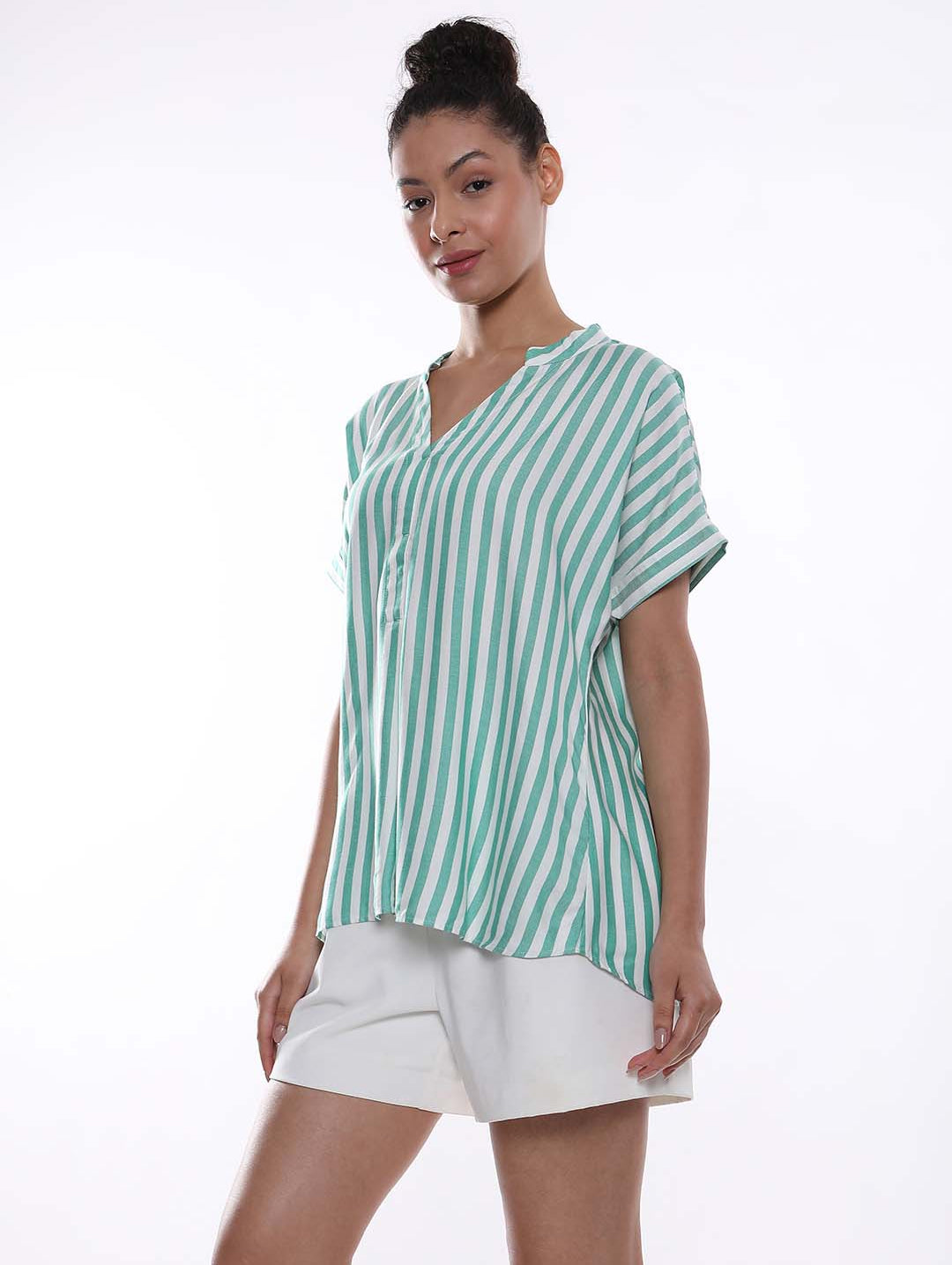 Alva Green & White Striped Viscose Loose Shirt for Women - Barcelona Fit from GAZILLION - Left Side Look