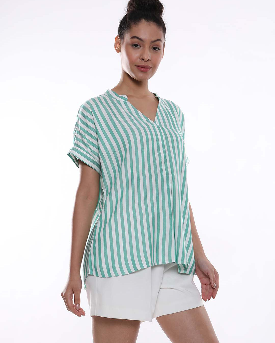Alva Green & White Striped Viscose Loose Shirt for Women - Barcelona Fit from GAZILLION - Right Side Look