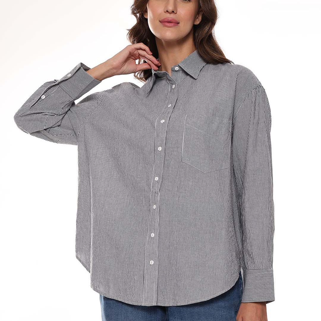 Amayra Black & White Striped Cotton Oversized Shirt for Women - Brussels Fit from GAZILLION - Front Look