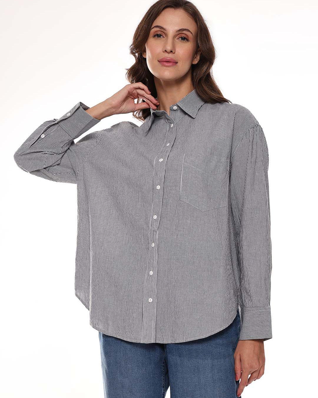 Amayra Black & White Striped Cotton Oversized Shirt for Women - Brussels Fit from GAZILLION - Front Look