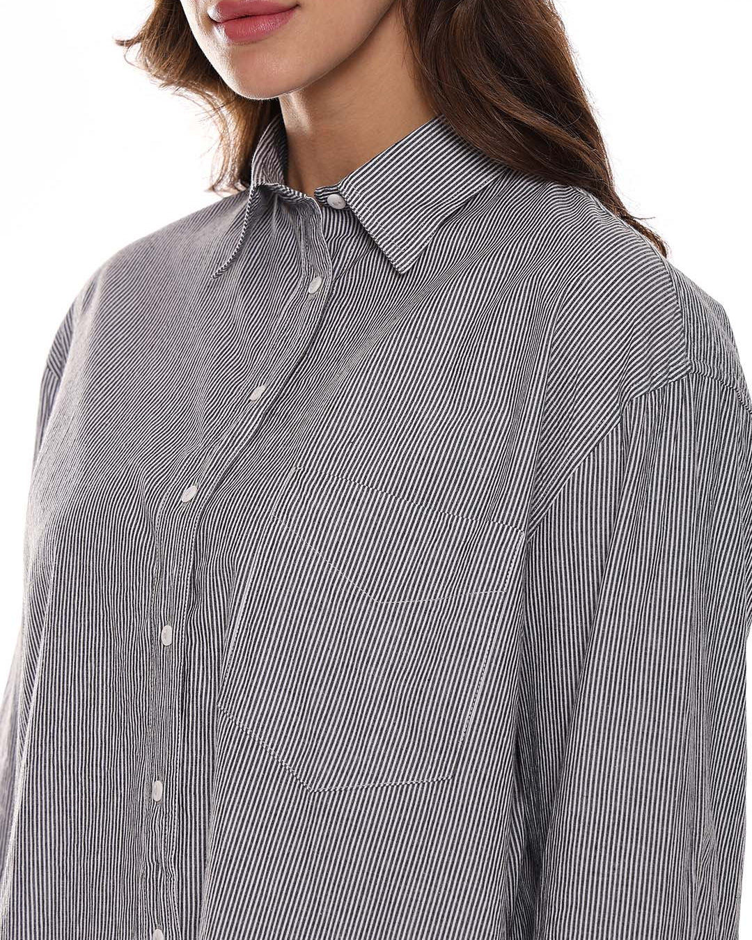 Amayra Black & White Striped Cotton Oversized Shirt for Women - Brussels Fit from GAZILLION - Left Side Detail