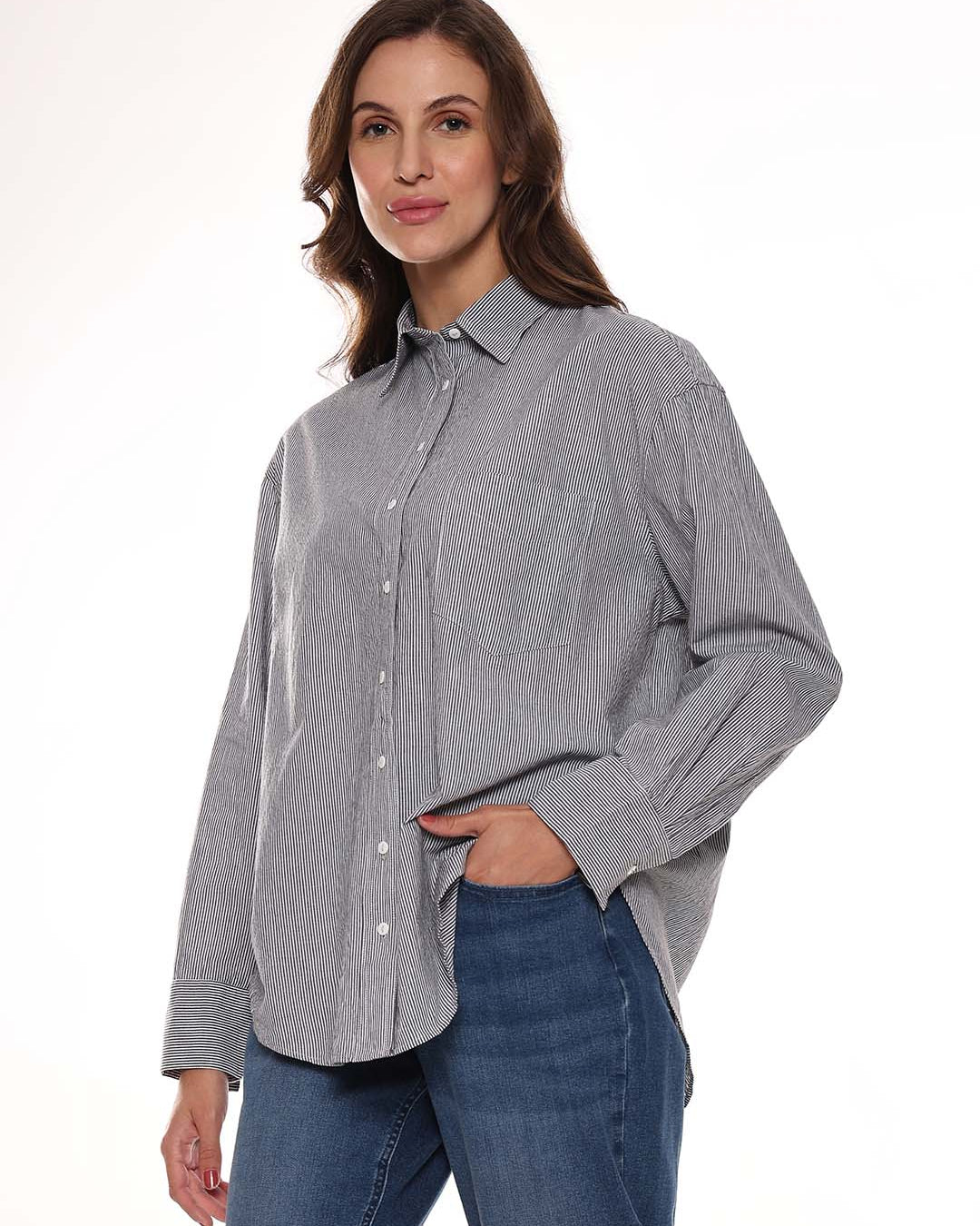 Amayra Black & White Striped Cotton Oversized Shirt for Women - Brussels Fit from GAZILLION - Left Side Look